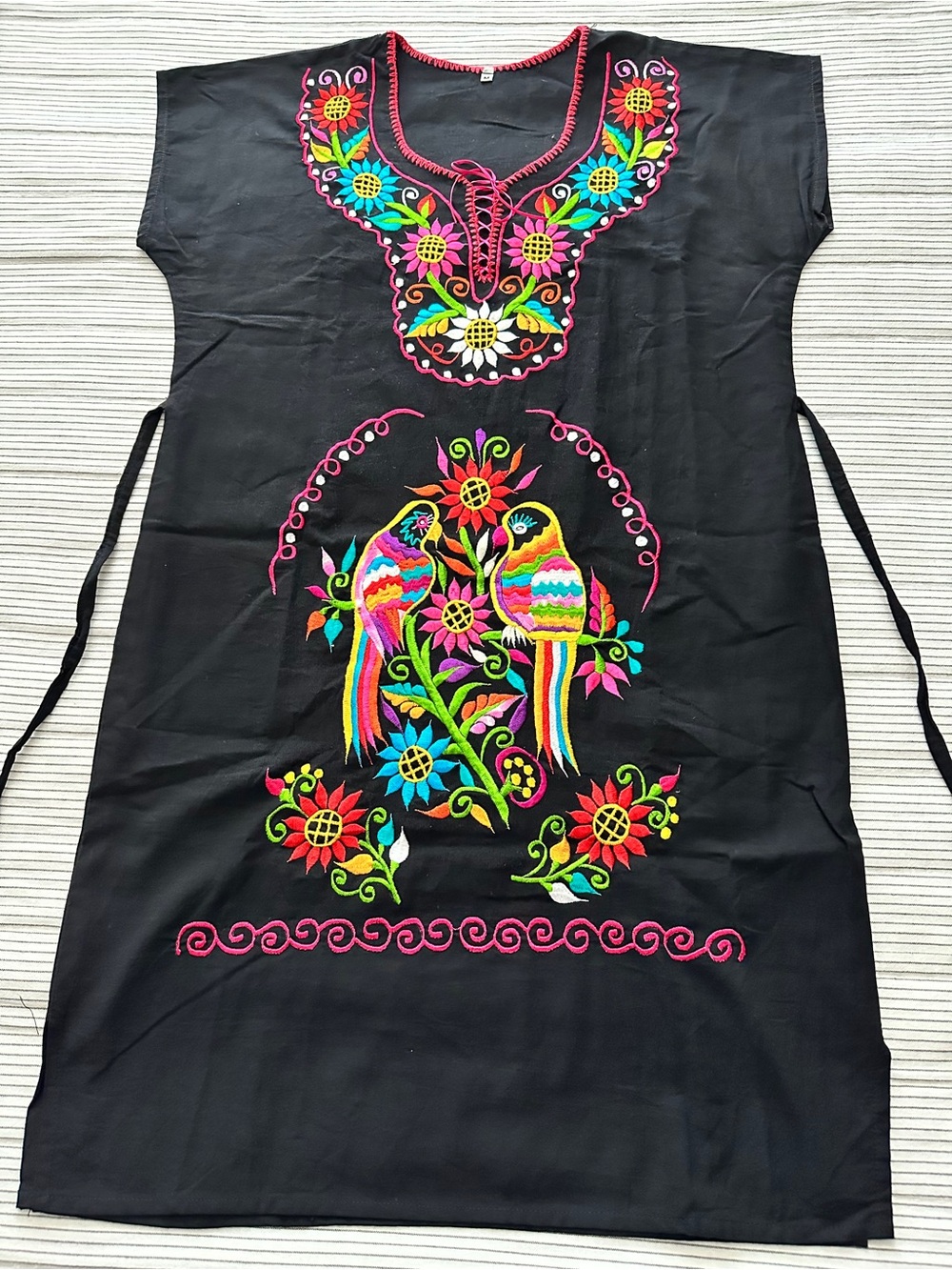 Colorful Mexican Embroidered Black Cotton Shift Dress